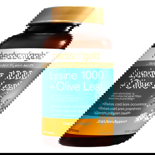 Herbs Of Gold Lysine 1000 + Olive Leaf Cold Sore Support Tablets 100 Tablets 
