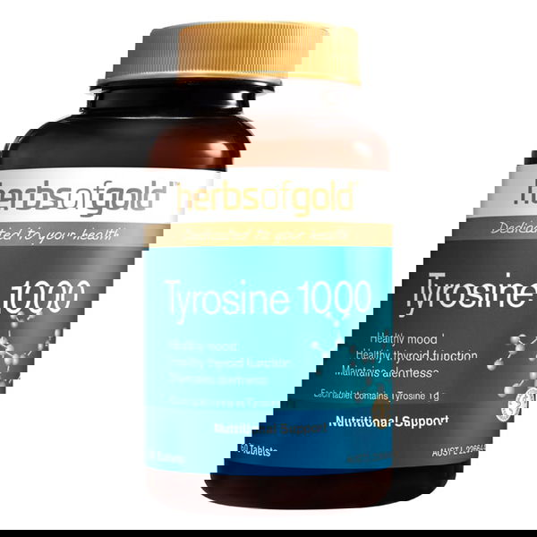 Herbs Of Gold Tyrosine 1000 Nutritional Support Tablets 60 Tablets 